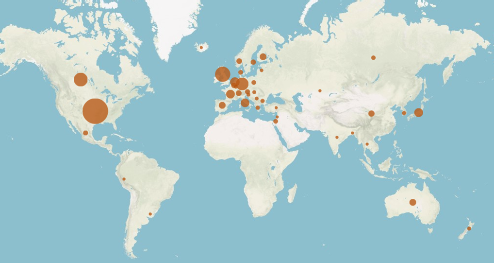 World map: ADHO conference author locations, 2004-2013