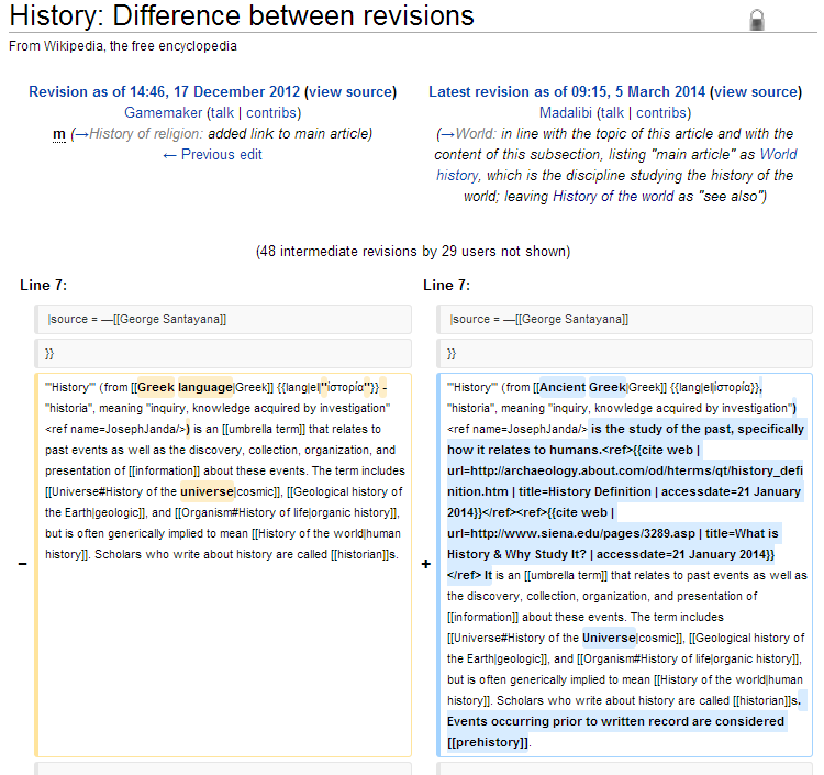 Changes between versions of the Wikipedia entry on History (post featured image)