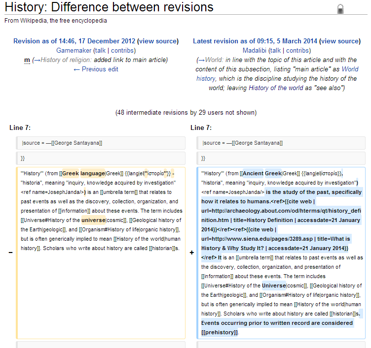 Changes between versions of the Wikipedia entry on History