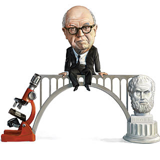 Caricature of C.P. Snow sitting on a stone bridge that spans a microscope on one side and a bust of a classical philosopher on a plinth on the other