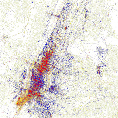 Manhattan: dots represent where people have taken pictures; blue by locals, red by tourists, yellow uncertain