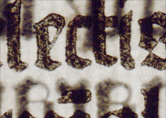Close-up of Gutenberg blackletter type showing “lecti” with ghosting from the reverse of the page (post featured image)