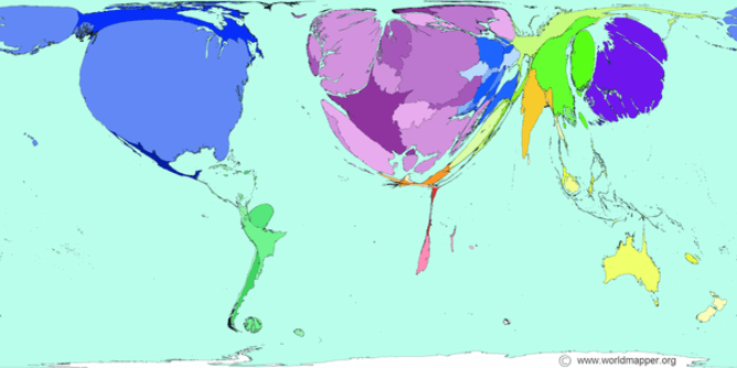 Cartogram of the world in which each territory is resized by the number of scientific papers published, so North America, Western Europe and Japan swell and Africa and South America shrink to slivers