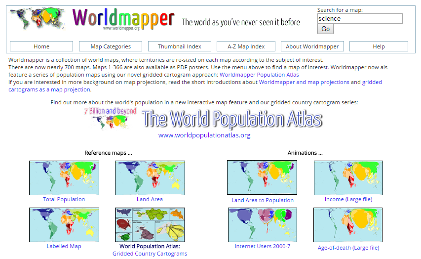 Screenshot of the worldmapper.org home page with “science” typed into the “Search for a map” box, above the site’s blurb and thumbnails of reference maps and animations