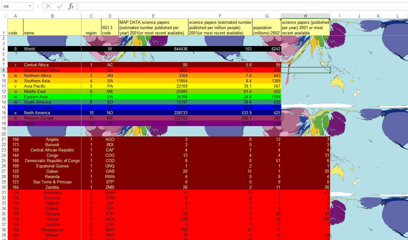 Screenshot of the worldmapper Excel data file: rows of countries and regions with science-paper counts, every row filled with a different saturated colour, over a background image of the cartogram