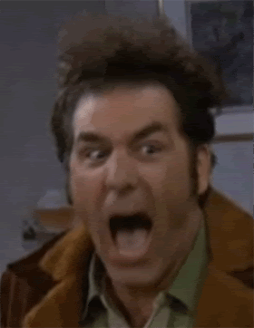 Animated gif still of Kramer from Seinfeld screaming