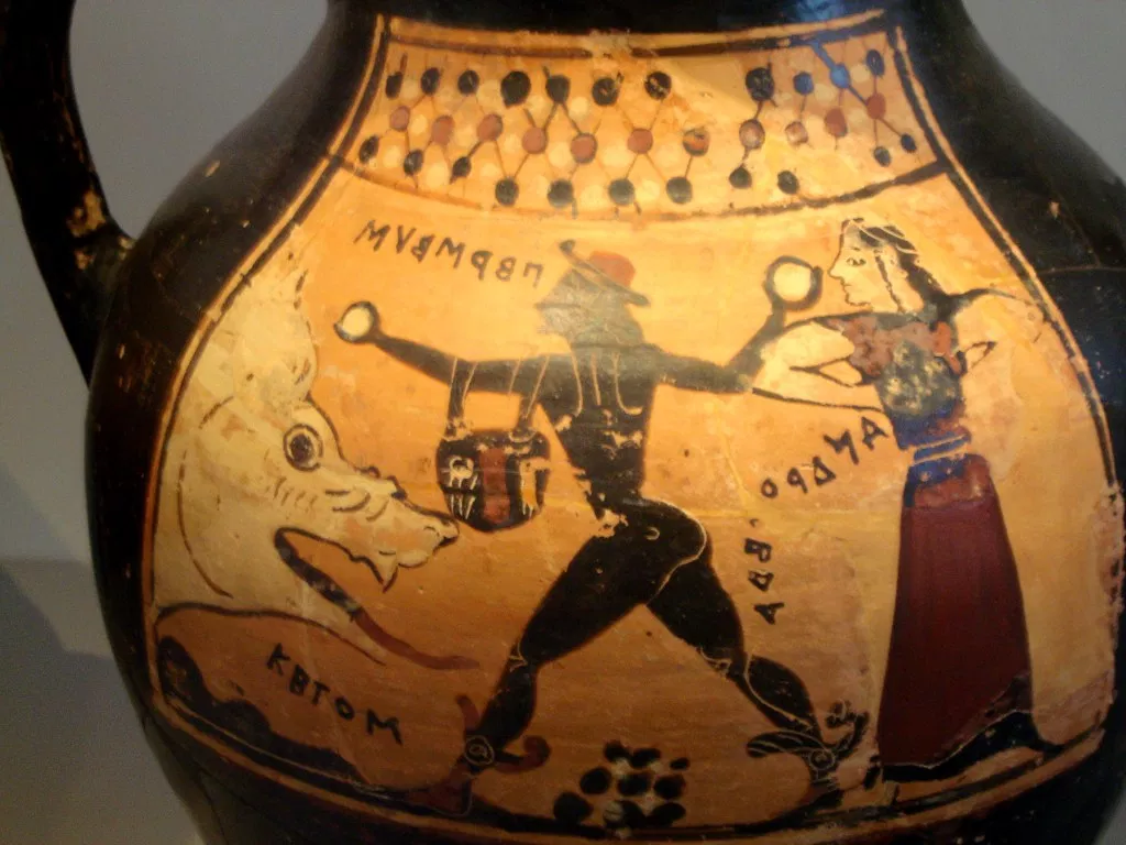 Corinthian vase depicting Perseus, Andromeda and Ketos.