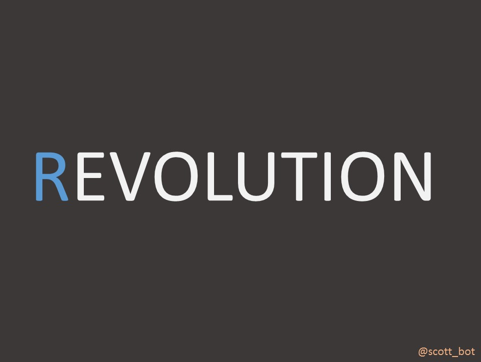 Slide: the word “REVOLUTION” in white on a dark grey background, its initial R in blue