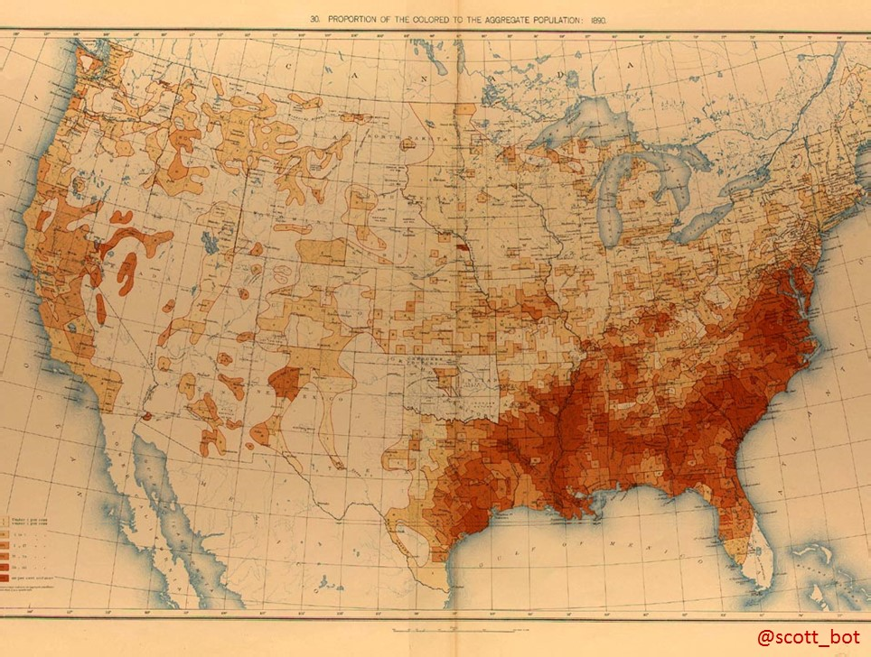 Slide: a colour-shaded map of the United States from the 1890 census, headed “Proportion of the Colored to the Aggregate Population: 1890”