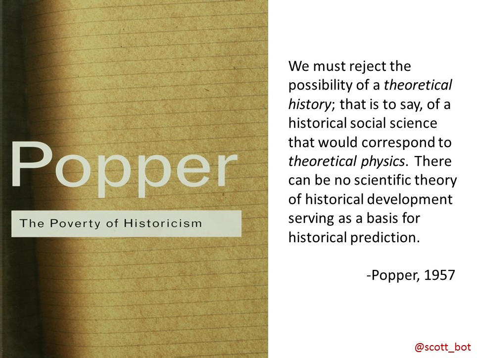 Slide: the cover of Popper’s The Poverty of Historicism beside the quotation “We must reject the possibility of a theoretical history; that is to say, of a historical social science that would correspond to theoretical physics. There can be no scientific theory of historical development serving as a basis for historical prediction. -Popper, 1957”