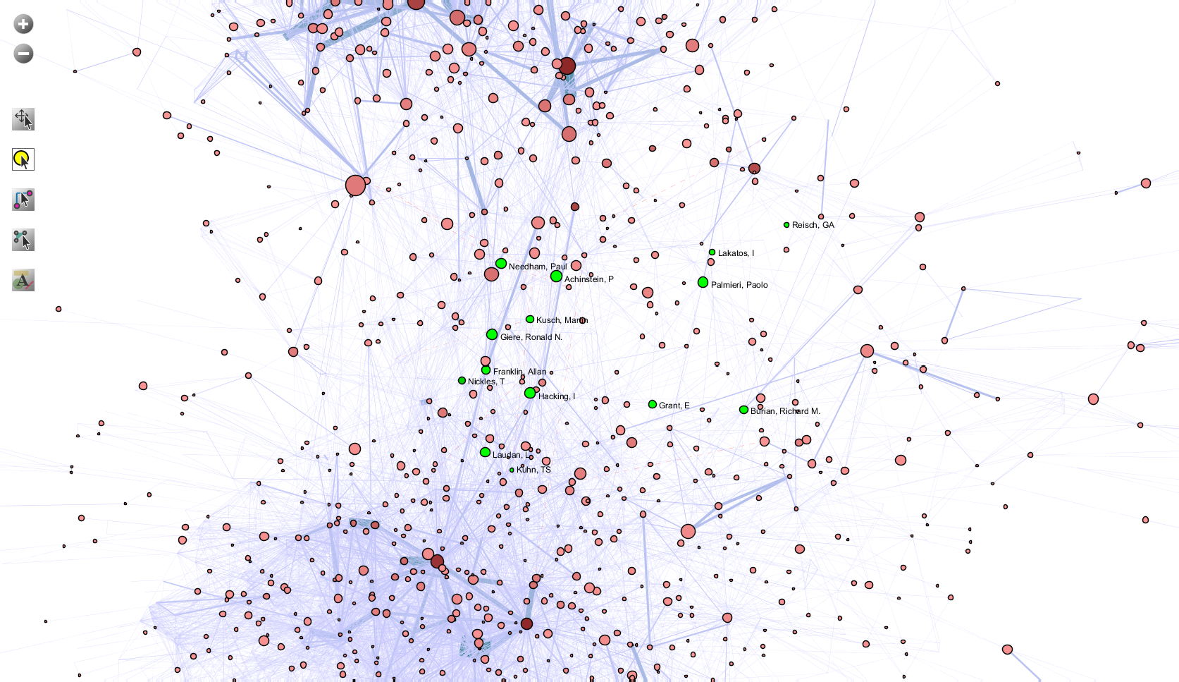 Figure 7: Author co-citation analysis of history and philosophy of science journals, zoomed in