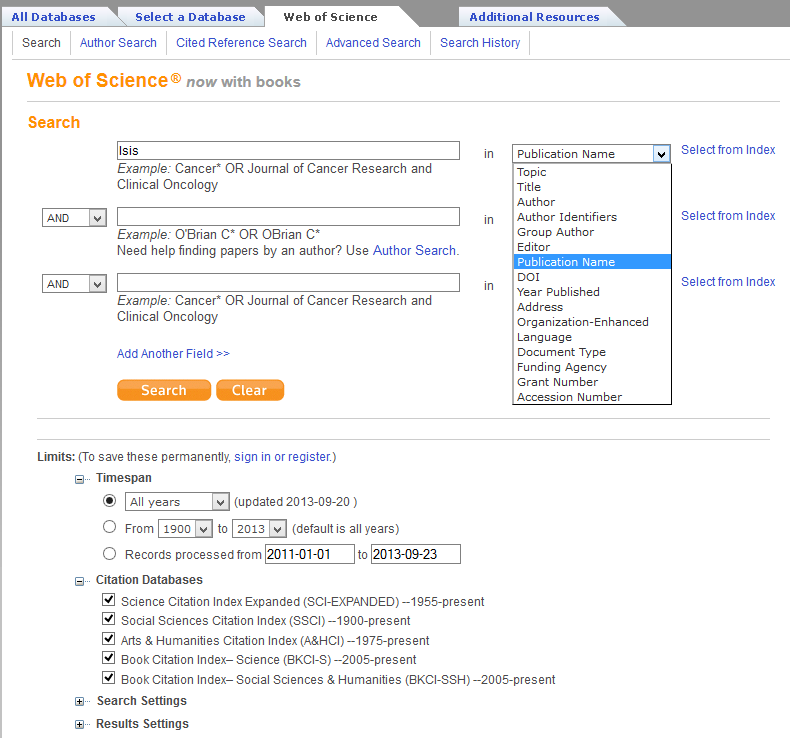 Web of Science search screen with ‘Isis’ entered as a Publication Name