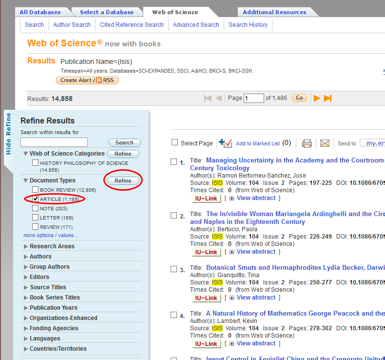 Web of Science results page showing 14,858 Isis records, with the Article document type circled