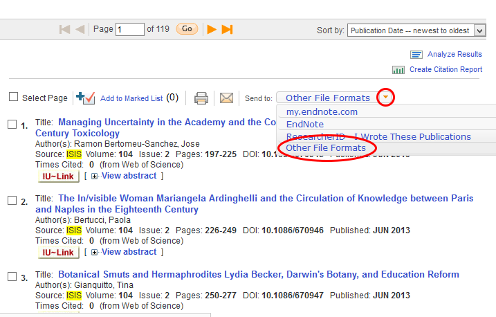 Web of Science results with the ‘Send to: Other File Formats’ drop-down circled