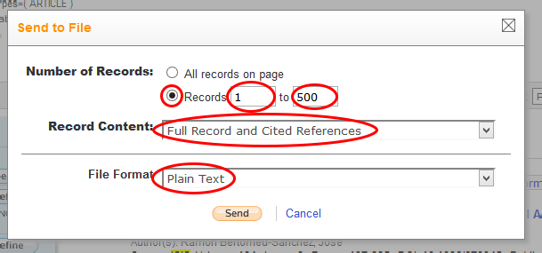 ‘Send to File’ dialog with records 1–500, Full Record and Cited References, and Plain Text circled