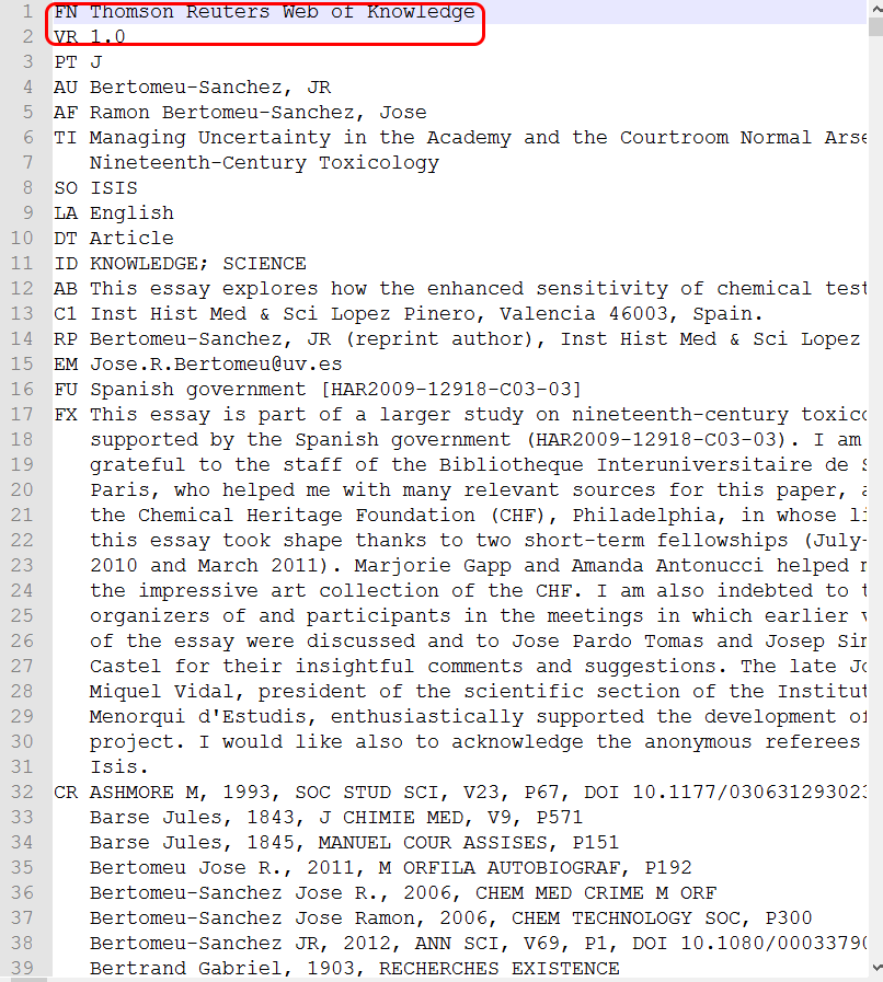 A plain-text ISI record in a text editor, with the two header lines circled