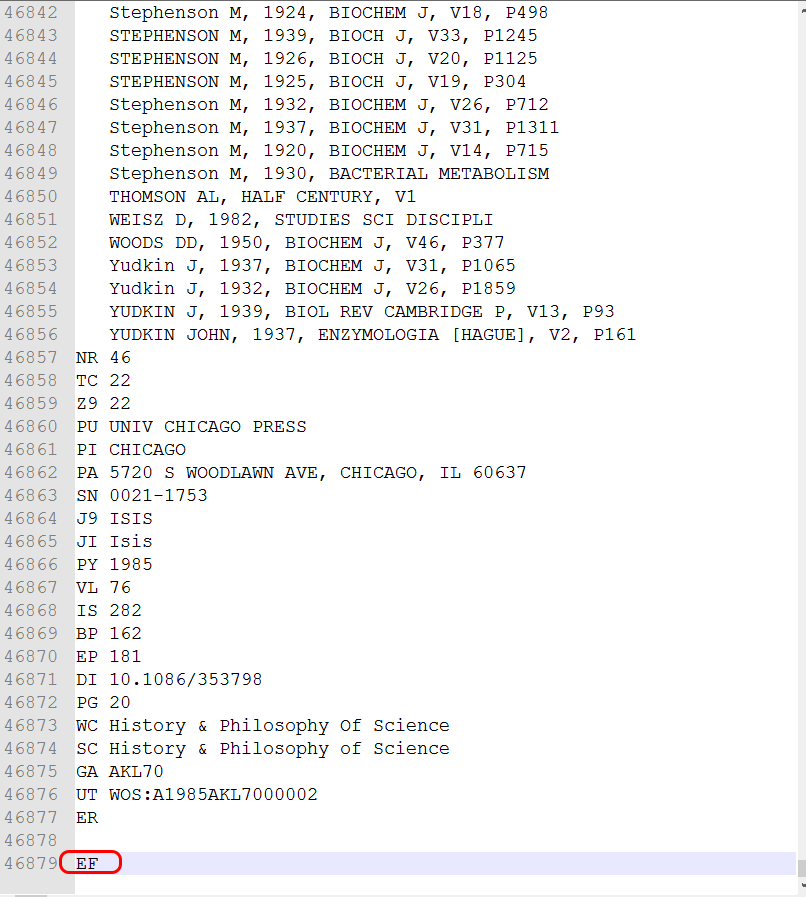 The end of an ISI record file in a text editor, with the EF footer line circled