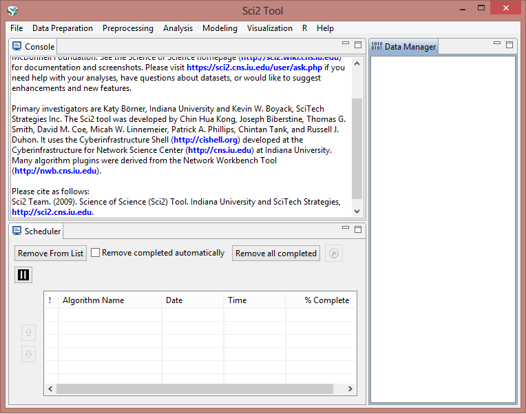 The Sci2 Tool with Console, Scheduler, and Data Manager panes