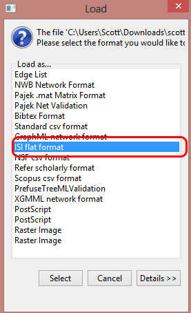 Sci2 Load dialog with ‘ISI flat format’ highlighted
