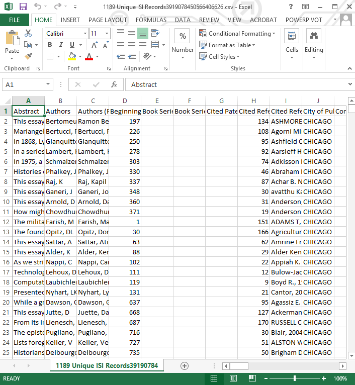 The 1189 unique ISI records opened as a spreadsheet in Excel