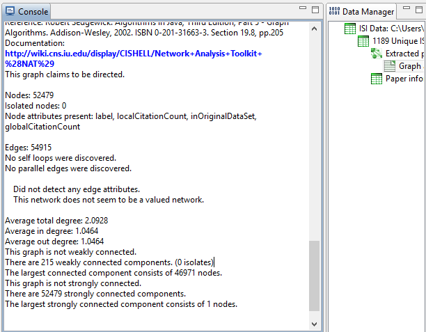 Network Analysis Toolkit console output for the Isis citation network