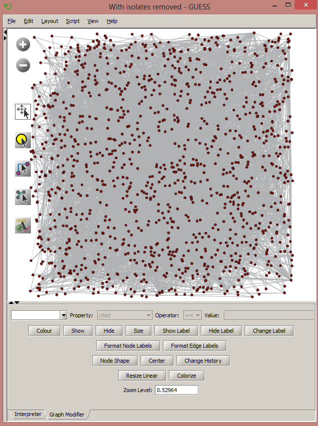 GUESS displaying a dense unlayouted co-citation network