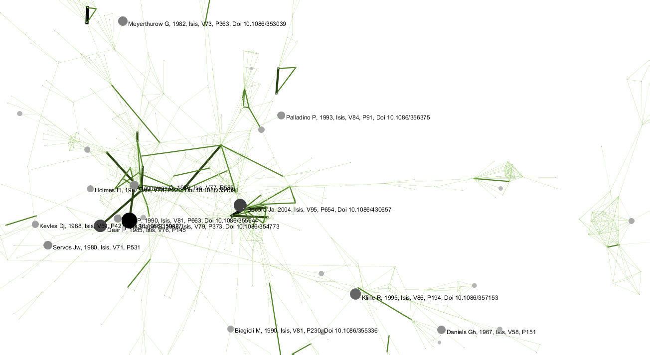 Co-citation network in GUESS after layout, green edges with labeled nodes