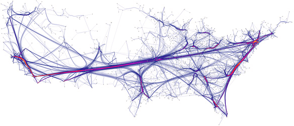 Curved blue edge-bundled lines connecting U.S. cities