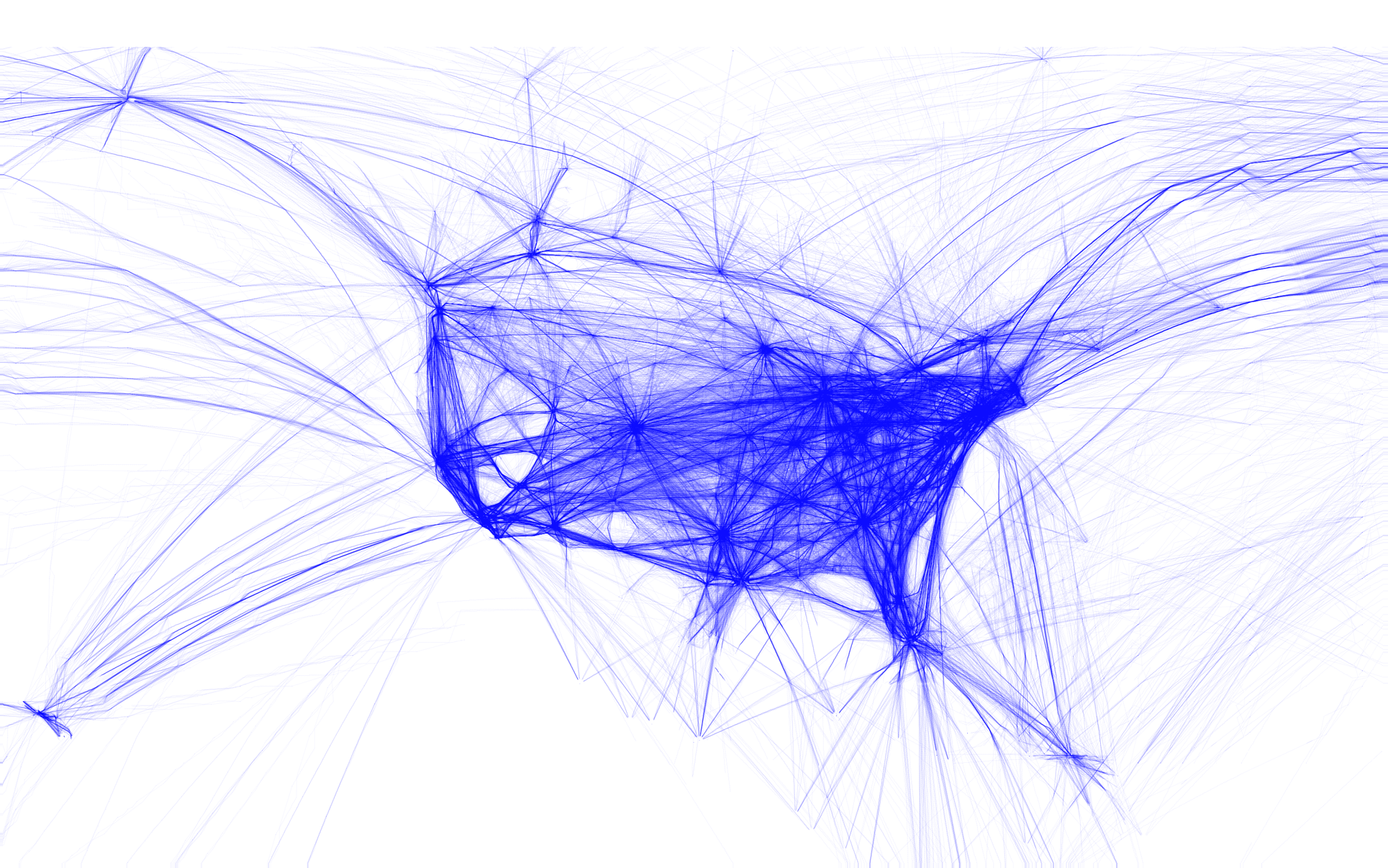 Map of U.S. flight patterns drawn as glowing blue arcs