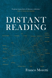 Cover of Franco Moretti’s book Distant Reading (Verso), dark blue with a faint network diagram of author names