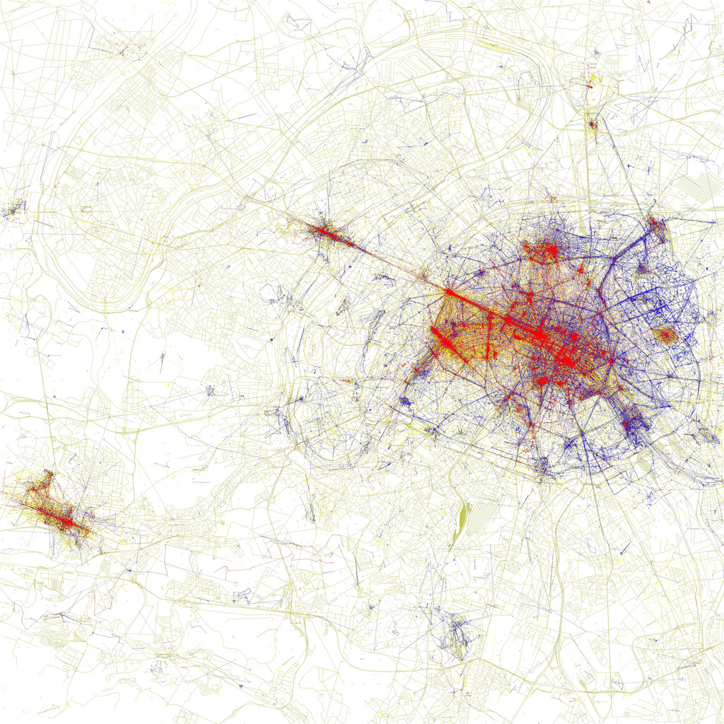 Map of Paris with dots representing photos taken and posted on Flickr. Red dots are pictures taken by tourists, blue are by locals, and yellow are unknown. via Eric Fischer.