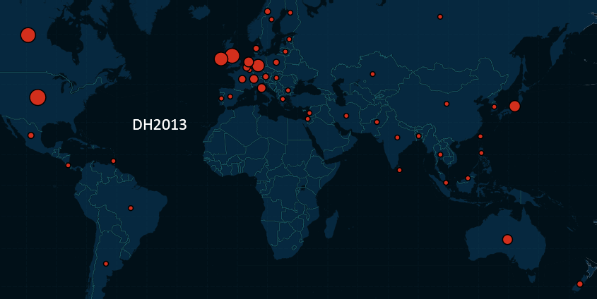 World map with each submitting author’s country marked by a dot sized by percent coverage (first frame of the DH2013-2015 animation, showing DH2013)