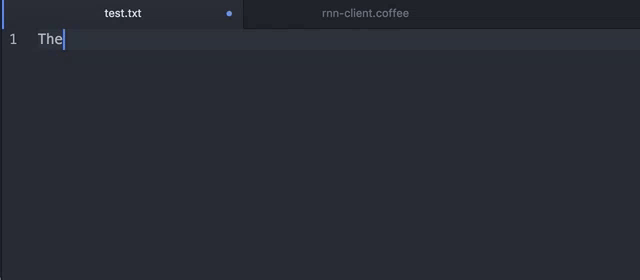Screenshot of Robin Sloan’s text editor: a file test.txt beside rnn-client.coffee, with the single word “The” typed on line 1.