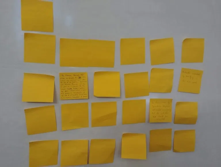 The 6×6 wall of yellow post-it notes in the STUDIO, a few of them turned over to show handwritten instructions.