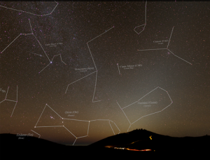 Night-sky photograph with the constellations drawn over it as labelled line networks joining the stars