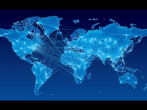 Dark blue world map criss-crossed by glowing white lines linking the continents into a global network