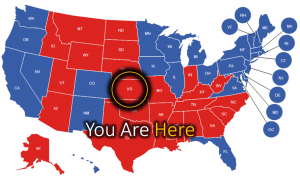 Map of the United States coloured red and blue by presidential-election result, with the central state circled in yellow and labelled “You Are Here”