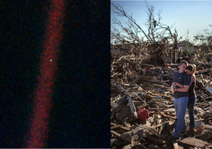 Split image: on the left the Pale Blue Dot photograph, on the right a colour photograph of a couple embracing amid the splintered wreckage of a tornado-flattened neighbourhood