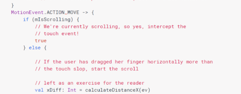 Screenshot of syntax-highlighted Android source code handling MotionEvent.ACTION_MOVE, with comments about scrolling, the touch slop, and “left as an exercise for the reader”
