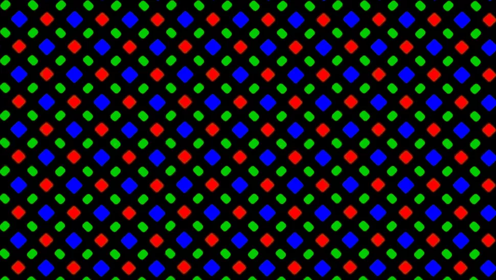 Close-up of an OLED subpixel array: red, green and blue diamonds in a diagonal lattice on black