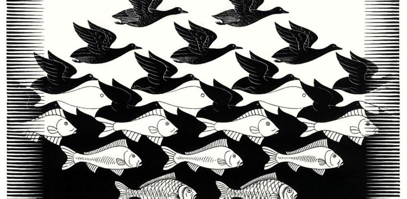 Black-and-white woodcut in which a flock of dark birds at the top interlocks with pale fish at the bottom, each shape forming the negative space of the other