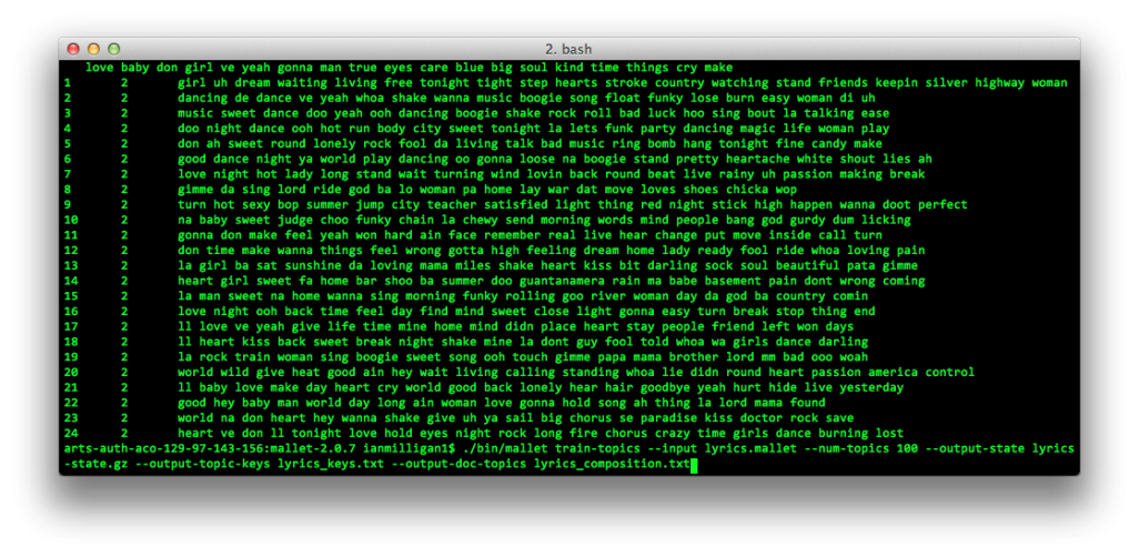 Terminal window showing MALLET topic-model output of song lyrics, green text on black