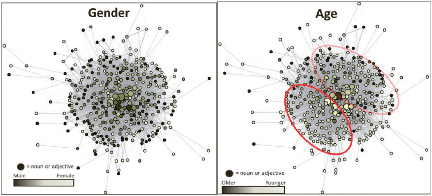 Figure 5. Gender and Age network graphs in which each dot is a noun or adjective and lines connect words used together.