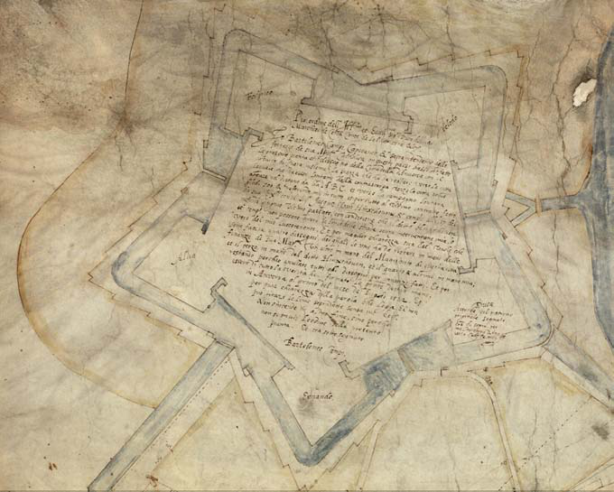 Figure 1. Bartolomeo Campi, design for the citadel of Antwerp with contract, 1572 (detail)