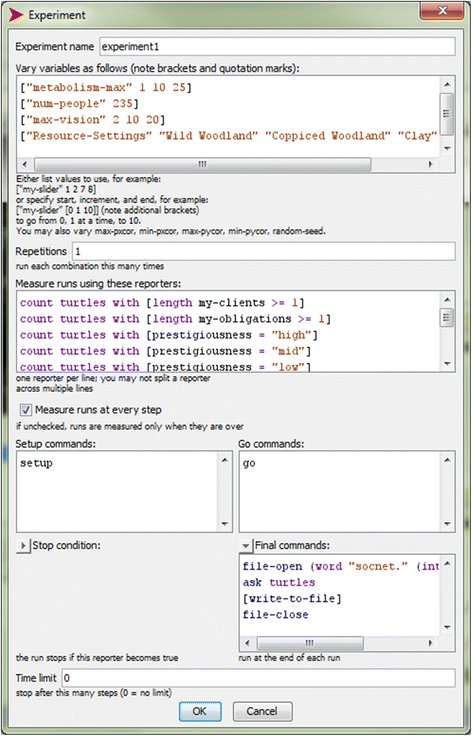 Figure 1. Netlogo screenshot, setting the parameters for sweeping.