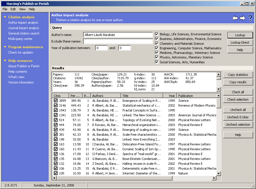 Figure 4.6: Publish or Perish interface with query result for Albert‐László Barabási