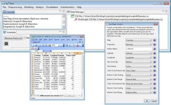 Figure 5.30: Geospatial workflow with usptoinfluenza.csv data (left) and Geo Map parameters (right).