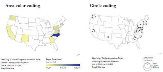 Figure 5.34: US map with area color coding and circle coding for aggregated data over states.