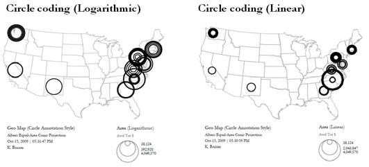 Figure 5.35: US geospatialmap of state‐level data with logarithmic circle size scaling (left) and circle linear size